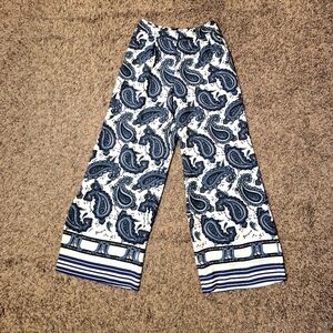 New Express White and Blue Paisley Women's Wide Leg High Rise Pants Size XS